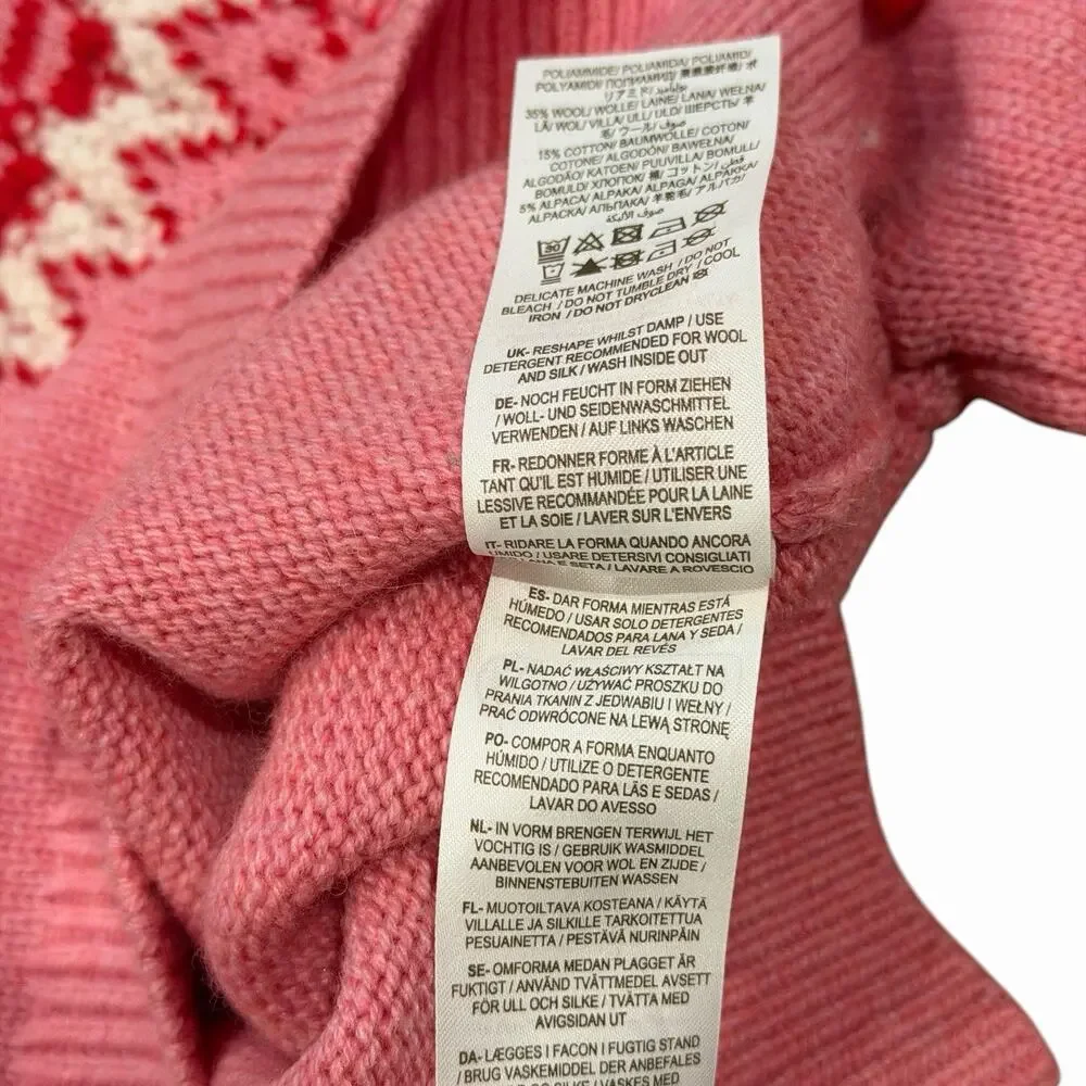 Boden Girls Wool Blend Fair Isle Pink White Red Pom Pom Crew Neck Sweater 6-7